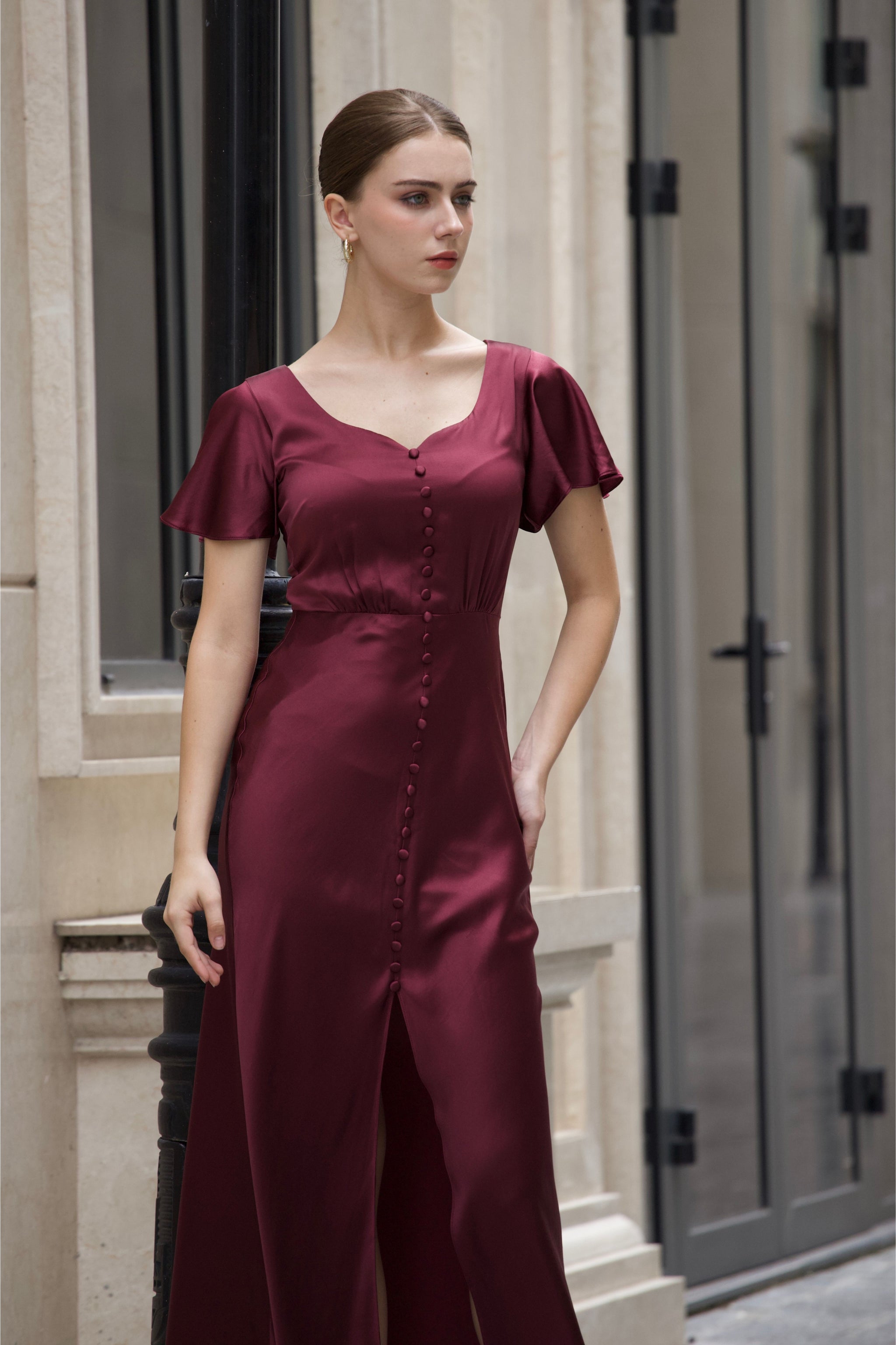 silk day dress SilkSilky 19Momme Silk Cap Sleeve Round Neck Midi Dress, Brown / XL(14)